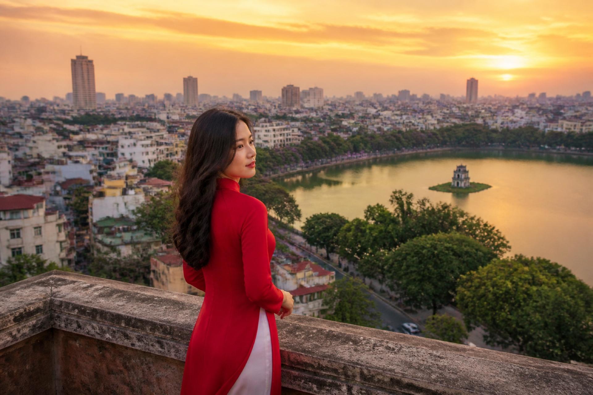 Traveler in a red ao dai in Hanoi Old Quarter